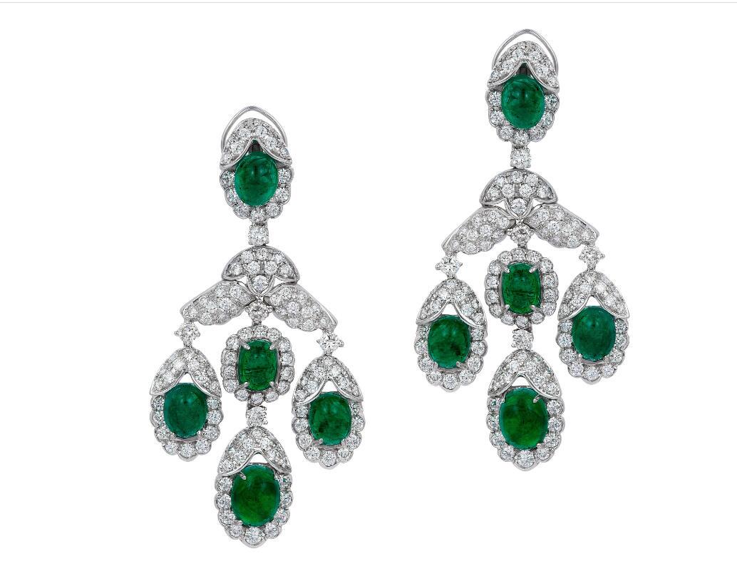 Emerald Cabochon Diamond Chandelier Earrings 18 Karat White Gold. (1 of 1)