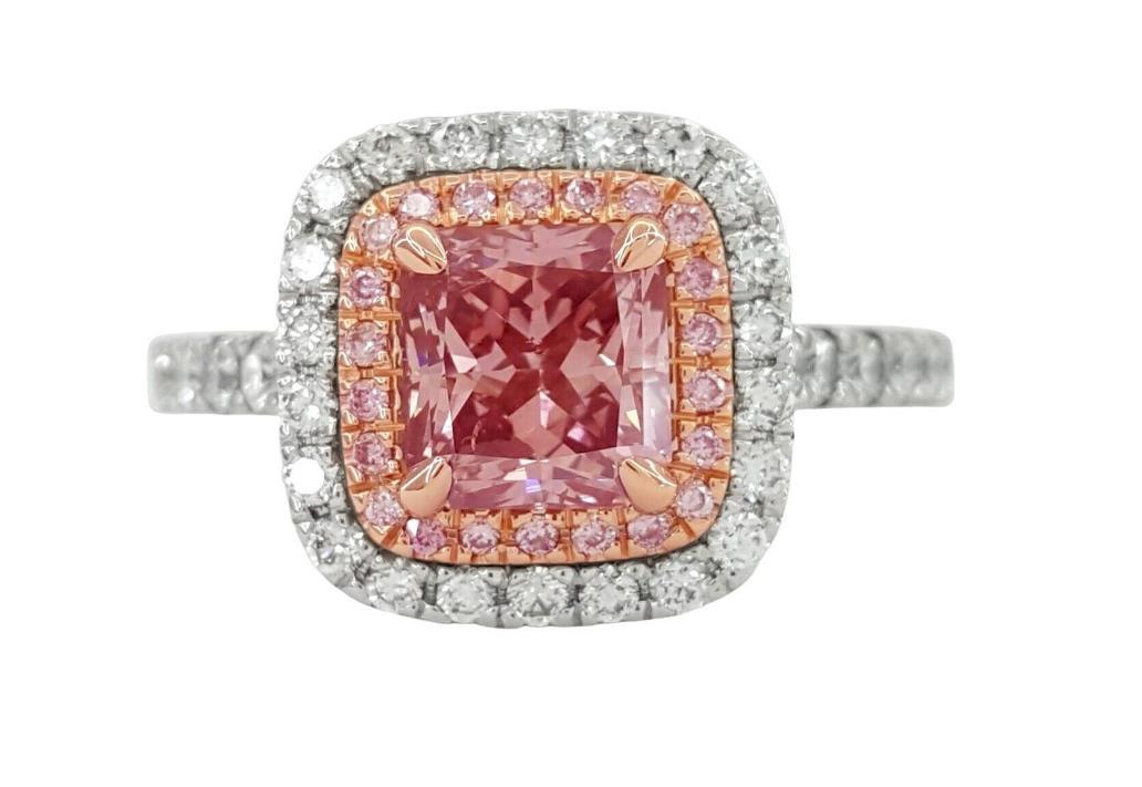 Argyle Pink GIA Certified Orangy Pink Diamond Double Halo Platinum Ring (1 of 1)