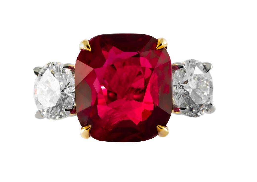 9.13 Carat Red Cushion Cut Ruby and Diamond 3-Stone Ring (1 of 1)