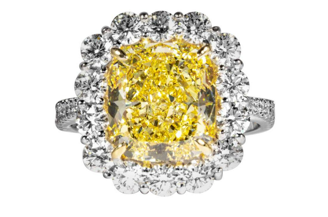 GIA Certified 4.74 Carat Fancy Intense Yellow Cushion Ring (1 of 1)