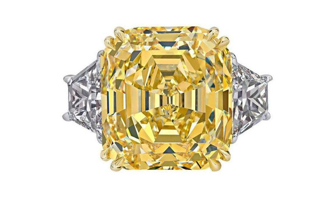 GIA Certified 14.36 Carat Fancy Intense Yellow Emerald Cut Diamond Ring (1 of 1)