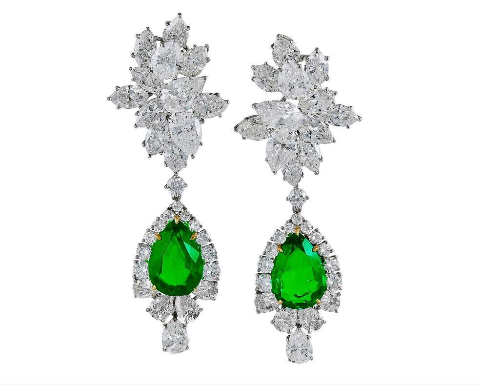 Harry Winston Emerald Diamond Cluster Platinum Pendant Earrings (1 of 1)