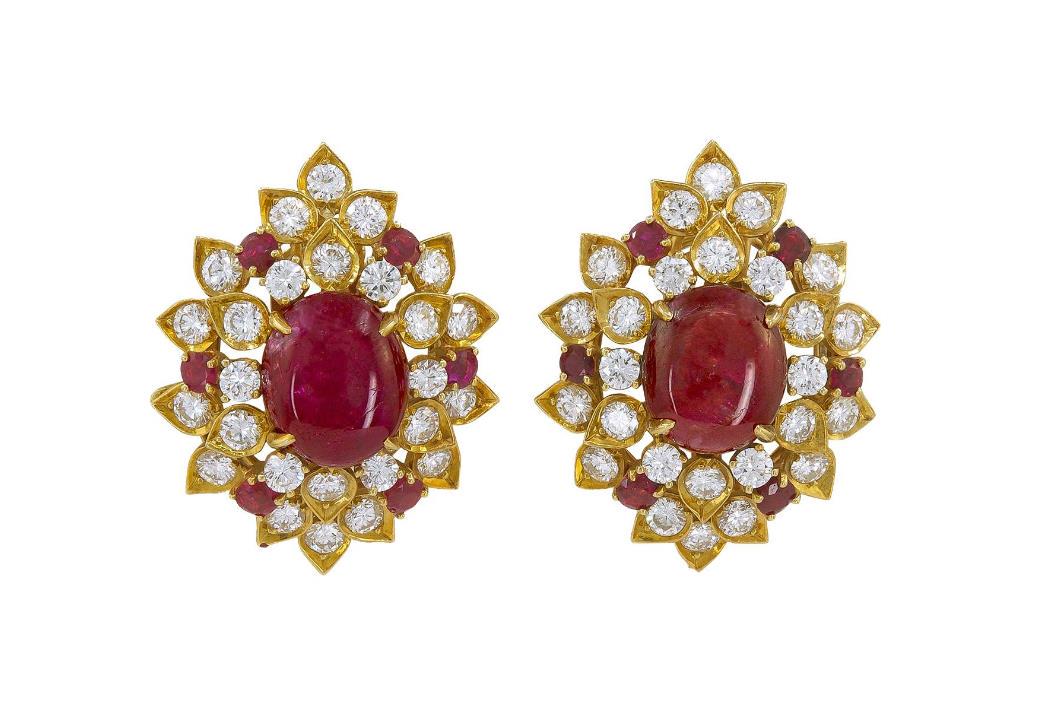 Van Cleef & Arpels Diamond Cabochon Ruby Yellow Gold Ear Clips (1 of 1)