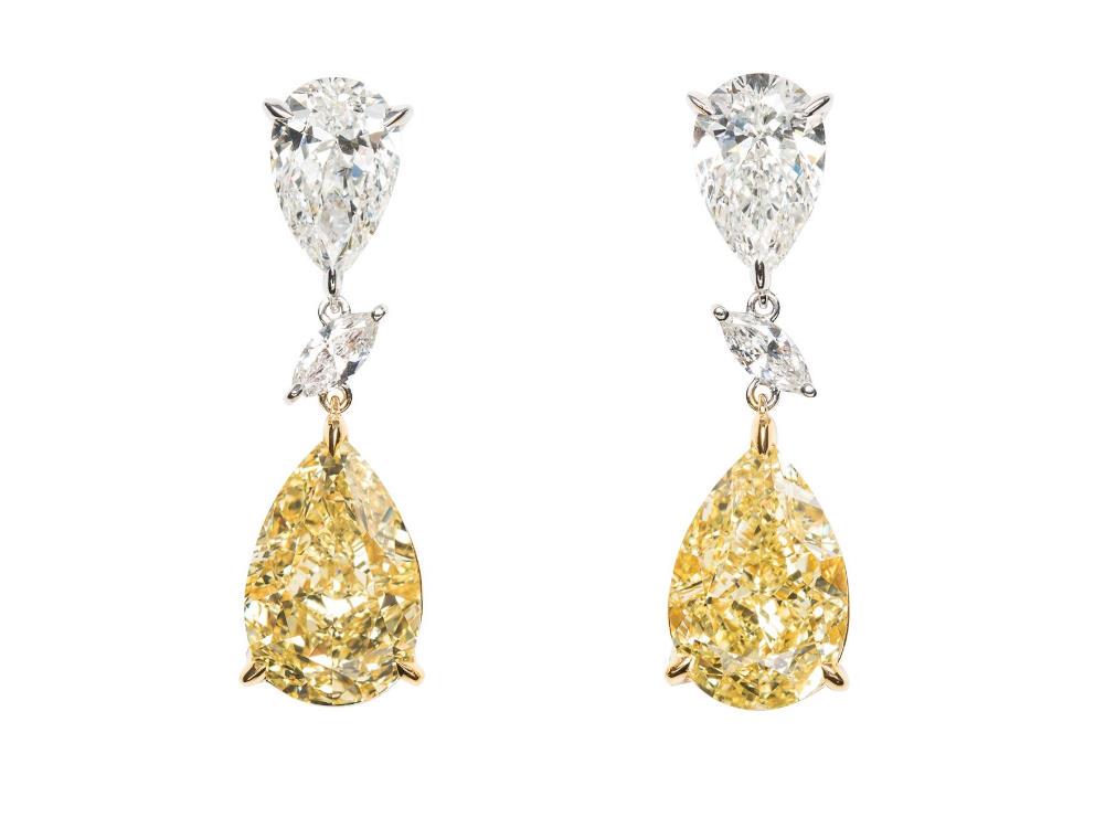 GIA Certified 17.42 Carat Pear Shape Yellow Diamond Drop Earrings in 18k Gold (1 of 1)