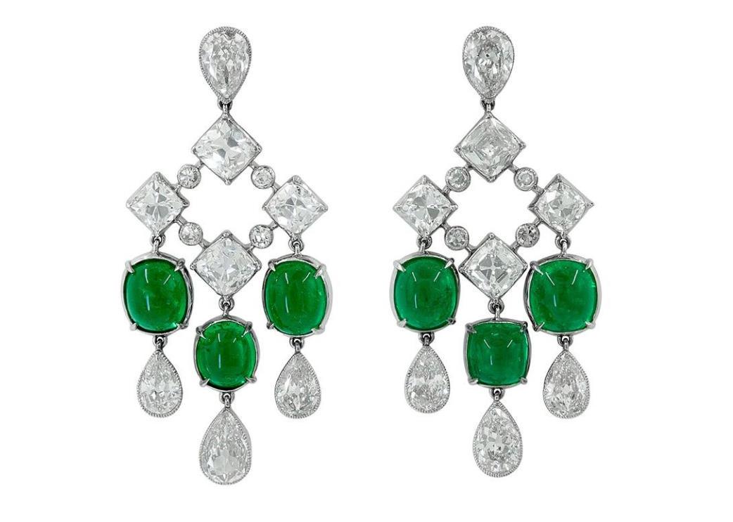 Platinum Diamond, Colombian Emerald Earrings: Platinum Diamond, Colombian Emerald Earrings