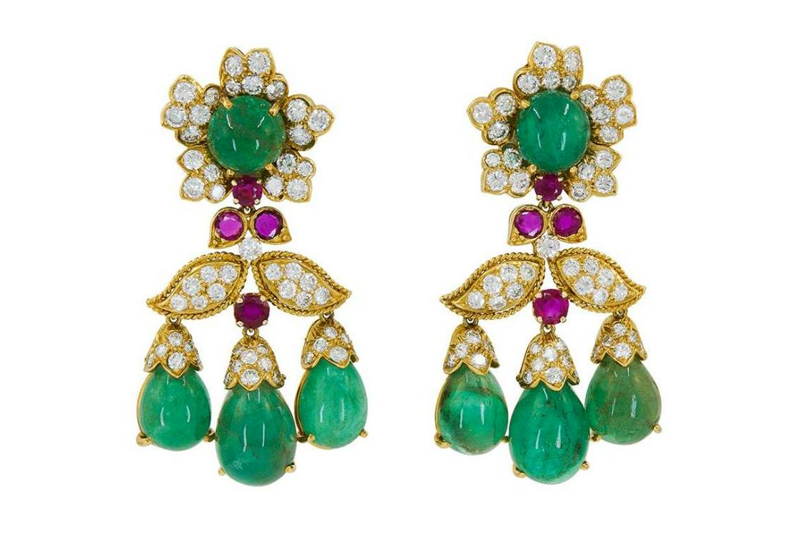 Diamond Emerald Ruby Yellow Gold Chandelier Earrings (1 of 1)