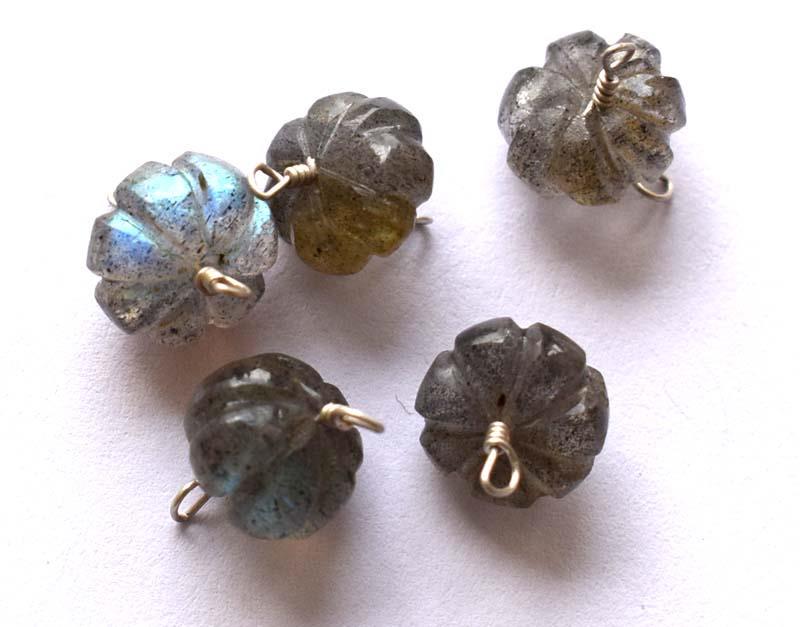 LABRADORITE - CARVED RONDELLE- 925 SILVER LOOP: These are Natural, earth mined and hand crafted with precision LABRADORITE CARVED RONDELLE SHAPE drilled beads (5 piece) . Wrapped in SOLID 925 Sterling Silver wire loops, perfect for making earring ,