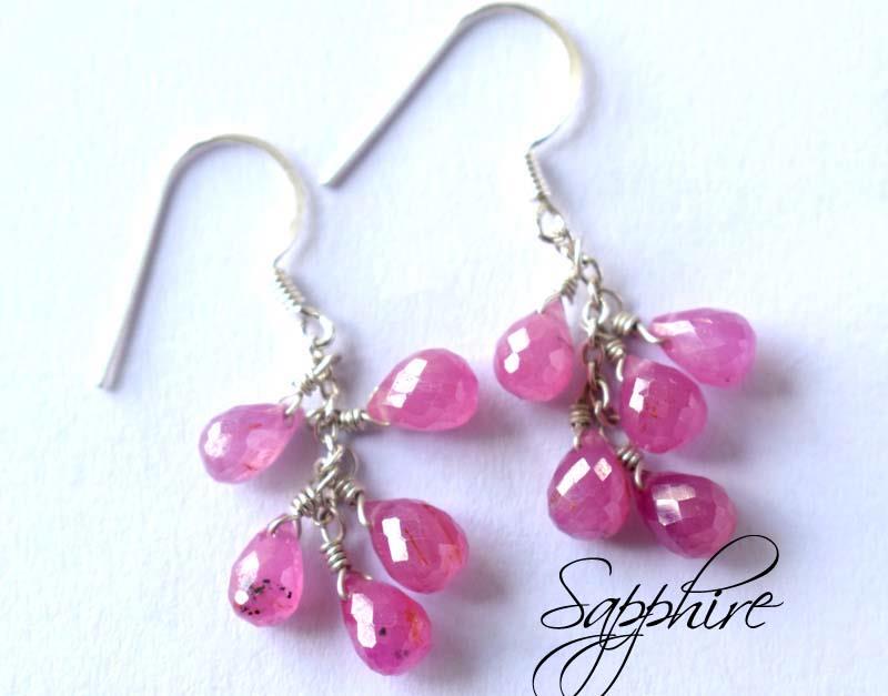 STERLING SILVER -PINK SAPPHIRE- EARRINGS: These are Natural , earth mined and hand crafted with precision PINK SAPPHIRE CLUSTERED BRIOLETTES EARRING with SOLID 925 Sterling Silver hooks.Total length is 1 3/8".