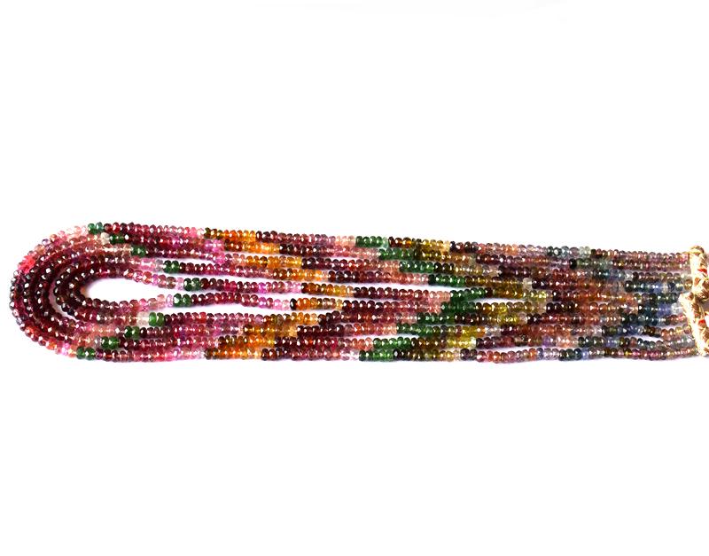 15.5 " TSAVORITE - SAPPHIRE - RED SPINEL NECKLACE: THESE ARE A LINE OF 17.5 - 18" OF ONE OF FINE QUALITY OF TSAVORITE GARNET, SAPPHIRE AND RED SPINEL SHADED FACETED RONDELLE BEADS . These beads are hand crafted with precesion by master craftsmen who r