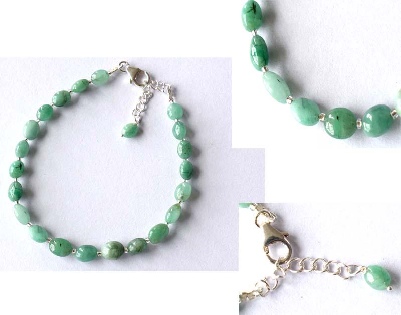 NATURAL EMERALD BRACELET W/ 925 SILVER: These are Natural , earth mined EMERALD beads finished with SOLID 925 Sterling Silver lobster clasp. All chains and spacers are also Solid 925 Sterling Silver. Clasp is adjustable from 7.5" to 8.5"