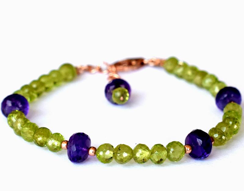 PERIDOT & AMETHYST BRACELET 925 SILVER: These are Natural , earth mined PERIDOT & AMETHYST faceted rondelle beads finished with SOLID 925 Sterling Silver lobster clasp (Rose Gold). All chains and spacers are also Solid 925 Sterling Silver. 