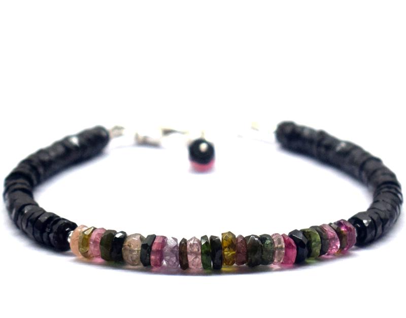 TOURMALINE & SPINEL BRACELET W/ 925 SILVER: These are Natural , earth mined MULTI TOURMALINE & BLACK SPINEL faceted tyre beads finished with SOLID 925 Sterling Silver lobster clasp. All chains and spacers are also Solid 925 Sterling Silver. Cla