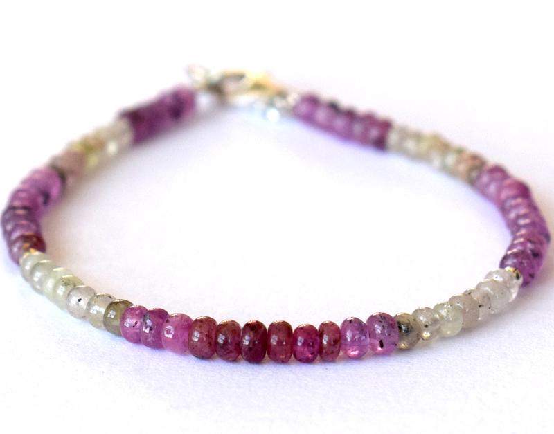 NATURAL SAPPHIRE BRACELET W/ 925 SILVER: These are Natural , earth mined PINK AND WHITE SAPPHIRE plain rondelle beads finished with SOLID 925 Sterling Silver lobster clasp. All chains and spacers are also Solid 925 Sterling Silver. Length of
