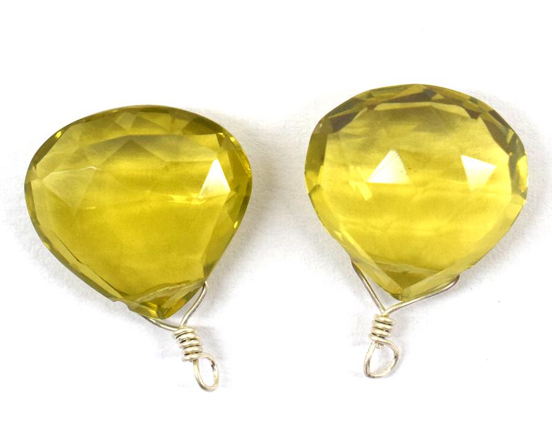 LEMON QUARTZ - HEART - 925 SILVER LOOPS .: These are Natural, earth mined and hand crafted with precision LEMON QUARTZ FACETED HEART beads ( 1 PAIR ) Wrapped in SOLID 925 Sterling Silver wire loops, perfect for connectors and other accessories