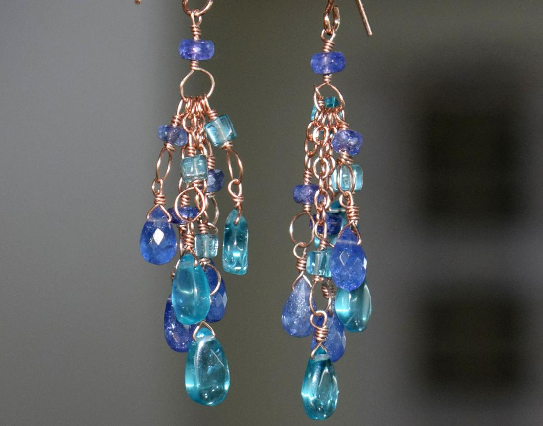 TANZANITE , APATITE EARRING W/ STERLING SILVER: EARRINGS : These are Natural , earth mined and hand crafted with precision TANZANITE BEADS APATITE BEADS MIX SHAPES - EARRING with SOLID 925 Sterling Silver wire and hooks ( ROSE GOLD PLATED ) .Total 