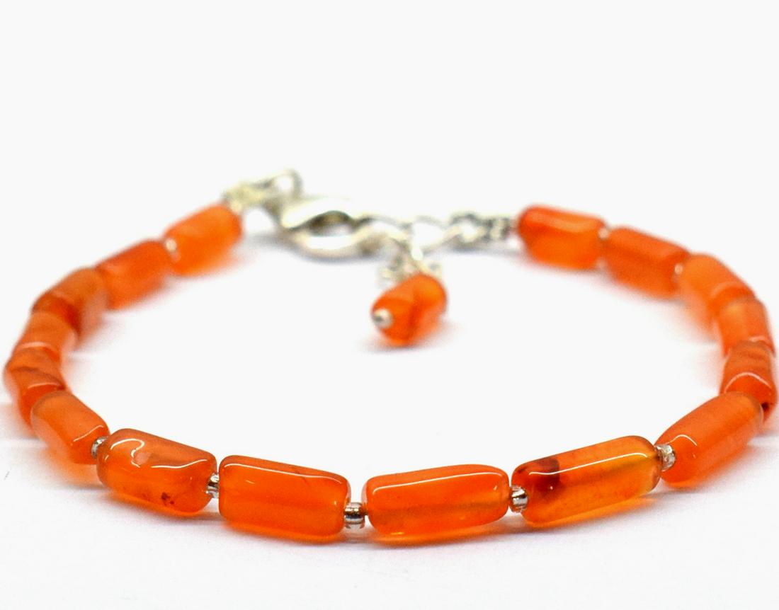 NATURAL CARNELIAN BRACELET W/ 925 SILVER: These are Natural , earth mined CARNELIAN plain tube shape beads finished with SOLID 925 Sterling Silver lobster clasp. All chains and spacers are also Solid 925 Sterling Silver. Clasp is adjustable f