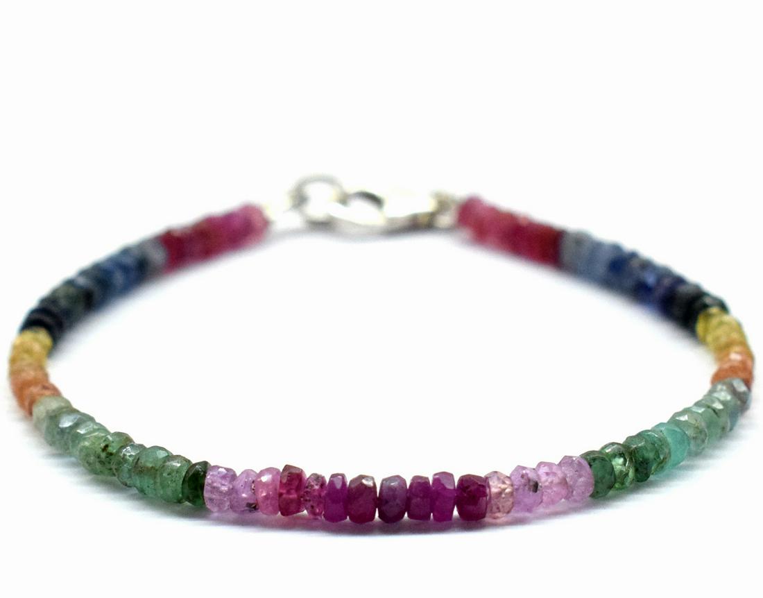 EMERALD RUBY SAPPHIRE BRACELET W/ 925 SILVER: These are Natural , earth mined EMERALD , RUBY AND SAPPHIRE faceted rondelle shape beads finished with SOLID 925 Sterling Silver lobster clasp. All chains and spacers are also Solid 925 Sterling Silve