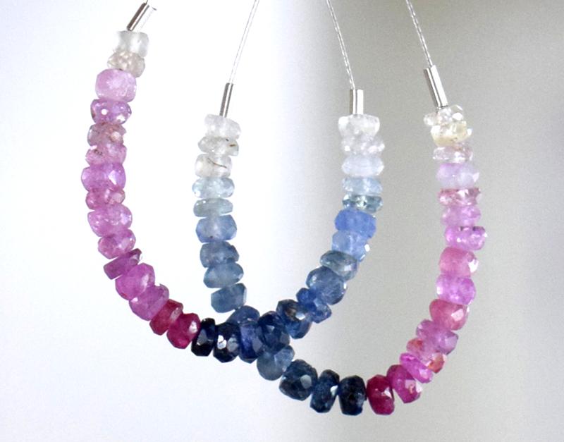 2 TASSEL - SAPPHIRE FACETED RONDELLE BEADS: " TASSEL"- means the drilled pieces of gemstones are loosely attached with a wire , ideally you can use it to create of of a kind jewelry . STONE : NATURAL GEMSTONE PINK AND BLUE SAPPHIRE FACETED ROND