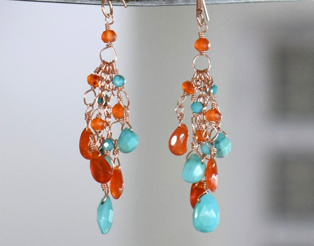 TURQUOISE , CARNELIAN EARRING W/ 925 STERLING SILVER: These are Natural , earth mined and hand crafted with precision CARNELIAN AND TURQUOISE FACETED RONDELLE AND PEAR BEADS - EARRING with SOLID 925 Sterling Silver wires and hooks .Total length is 2 1/4 