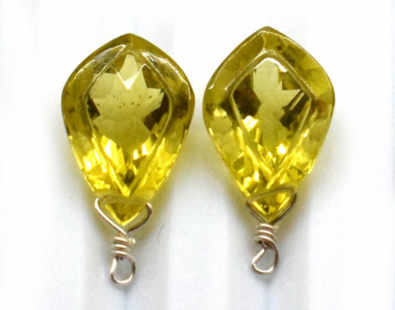 LEMON QTZ - PEAR 8X12 mm - 925 SILVER LOOPS - 1 PAIR: These are Natural, earth mined and hand crafted with precision LEMON QUARTZ FACETED FANCY drilled. (1 pair ) Wrapped in SOLID 925 Sterling Silver wire loops, perfect for making earrings, connectors an