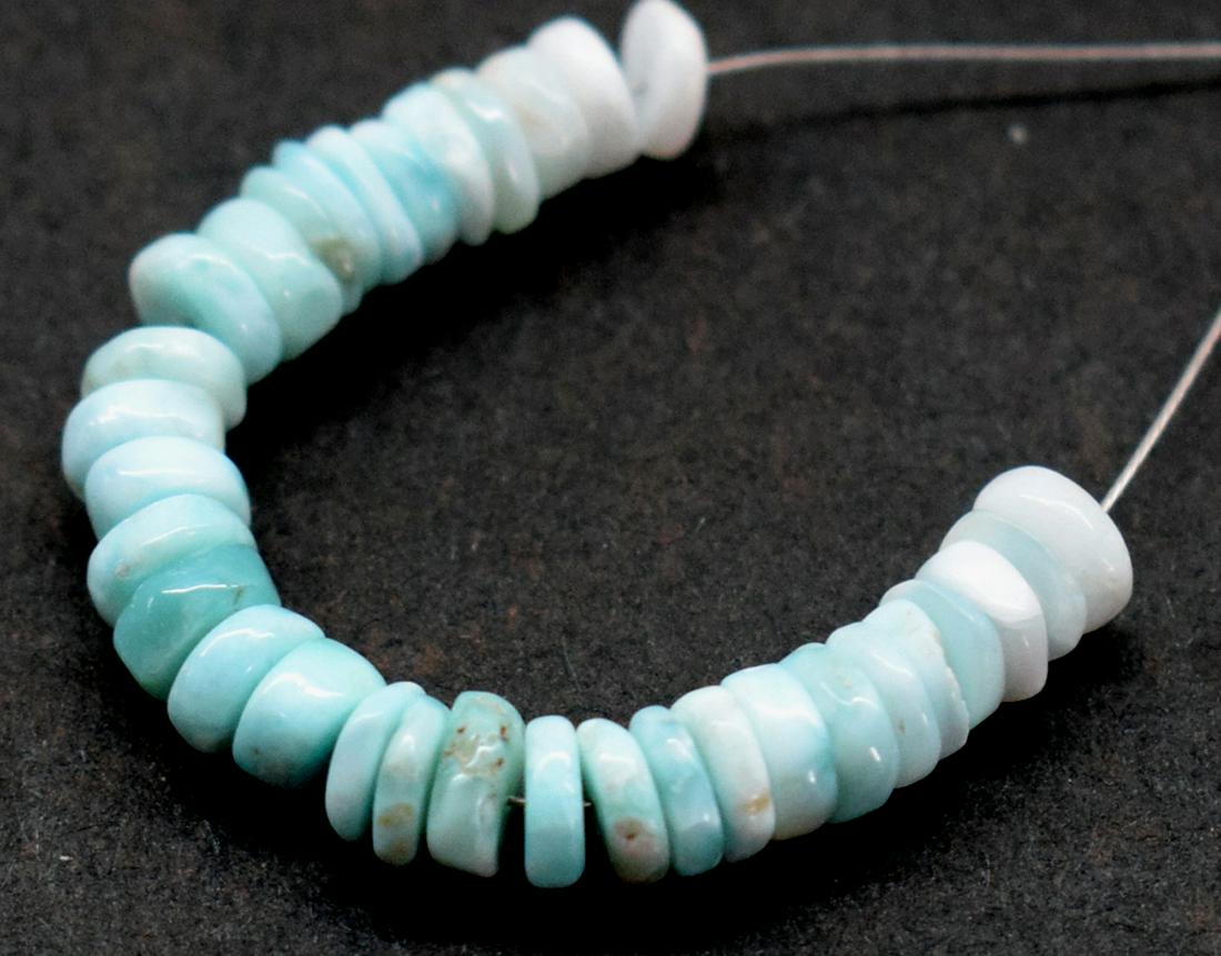 NATURAL RARE LARIMAR - HESHI 4.5 - 5 mm - TASSEL: " TASSEL"- means the drilled pieces of gemstones are loosely attached with a wire , ideally you can use it to create of of a kind jewelry . STONE : NATURAL EARTH MINED FINE RARE LARIMAR HESHI SHAPE BE