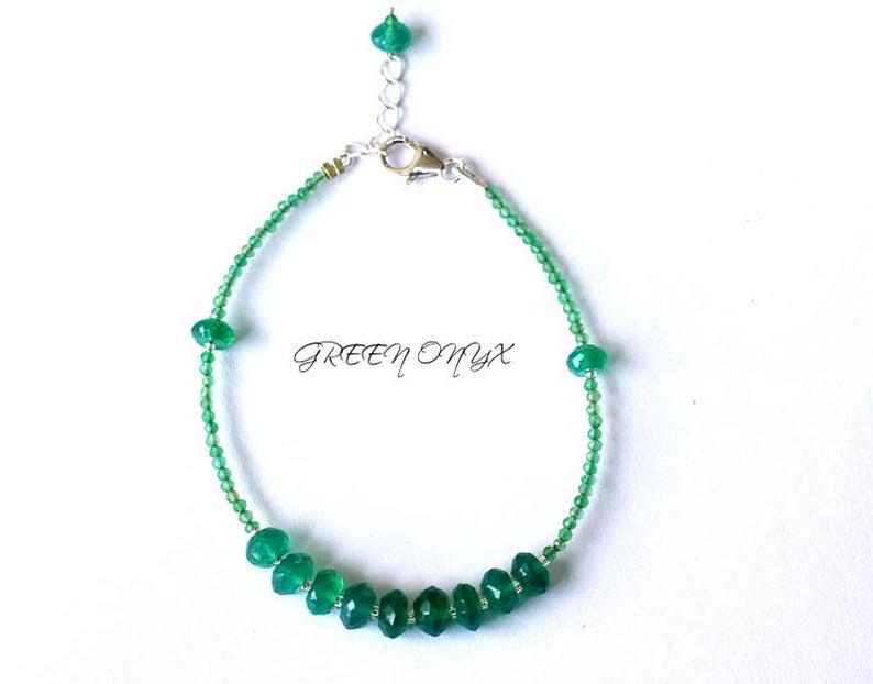 GREEN ONYX BRACELET W/ 925 STERLING SILVER: These are Natural , earth mined GREEN ONYX faceted round and round shape beads finished with SOLID 925 Sterling Silver lobster clasp. All chains and spacers are also Solid 925 Sterling Silver. Clasp i