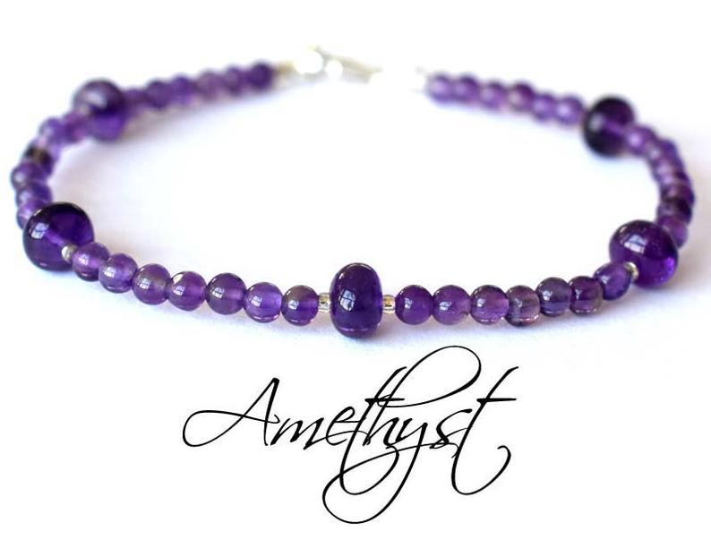AMETHYST BRACELET W/ 925 STERLING SILVER: These are Natural , earth mined AMETHYST rondelle and round shape beads finished with SOLID 925 Sterling Silver lobster clasp. All chains and spacers are also Solid 925 Sterling Silver. Bracelet lengt