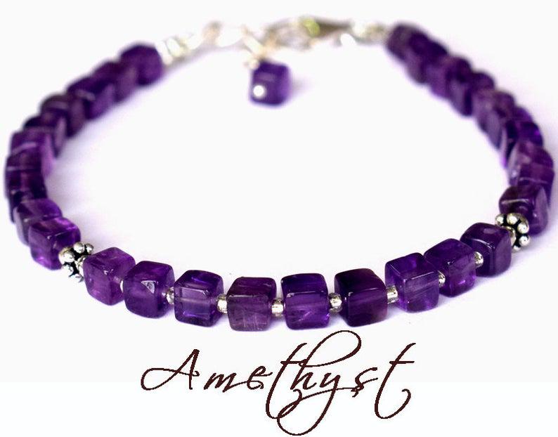 AMETHYST BRACELET W/ 925 STERLING SILVER: These are Natural , earth mined AMETHYST box shape beads finished with SOLID 925 Sterling Silver lobster clasp. All chains and spacers are also Solid 925 Sterling Silver. Clasp is adjustable from 6.5"