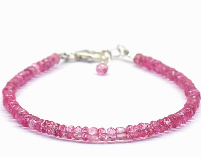 PINK TOPAZ BRACELET W/ 925 STERLING SILVER: These are Natural , earth mined PINK TOPAZ (COATED) faceted rondelle shape beads finished with SOLID 925 Sterling Silver lobster clasp. All chains and spacers are also Solid 925 Sterling Silver. Clasp