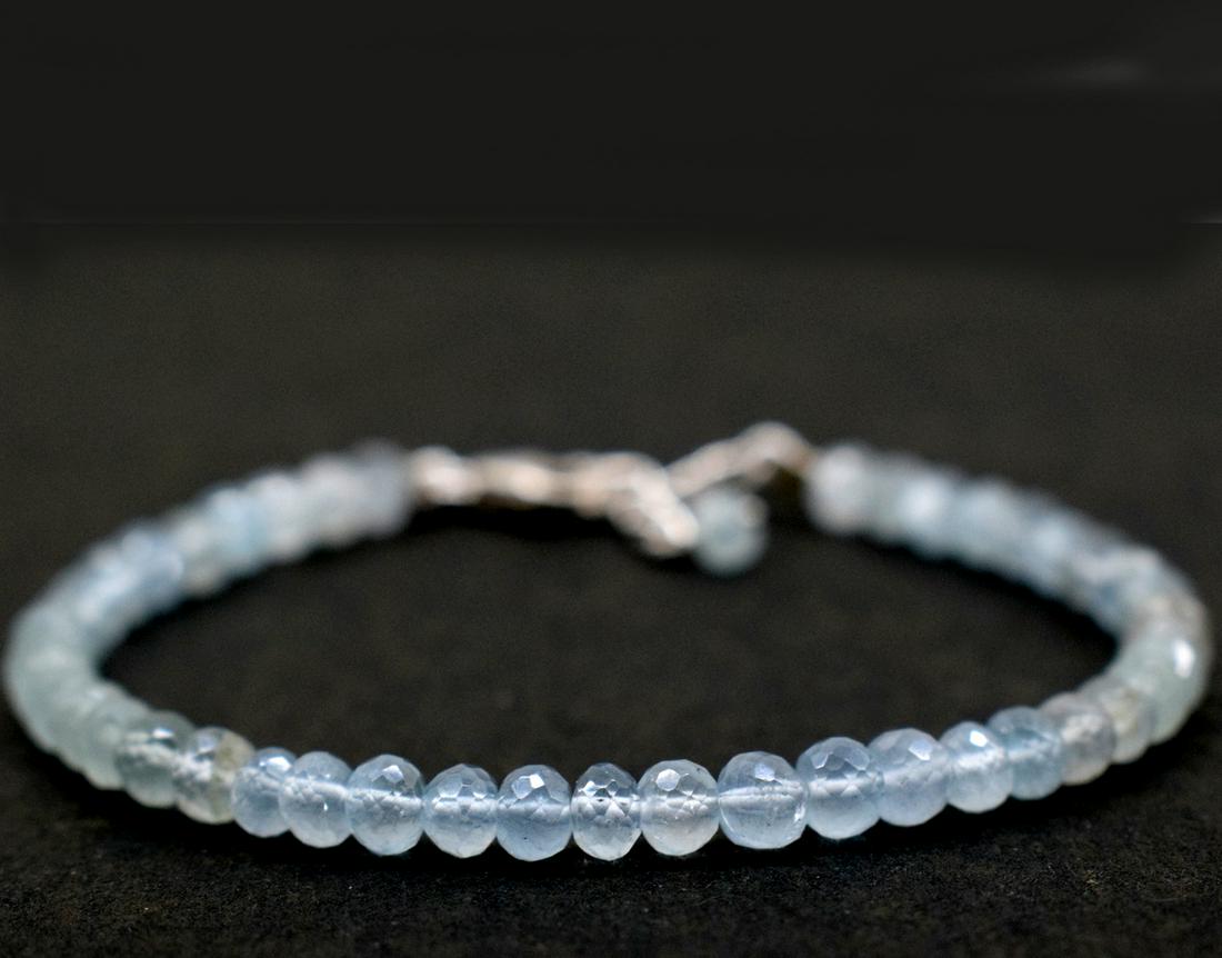NATURAL AQUAMARINE RONDELLE BRACELET W/ 925 SILVER (1 of 5)