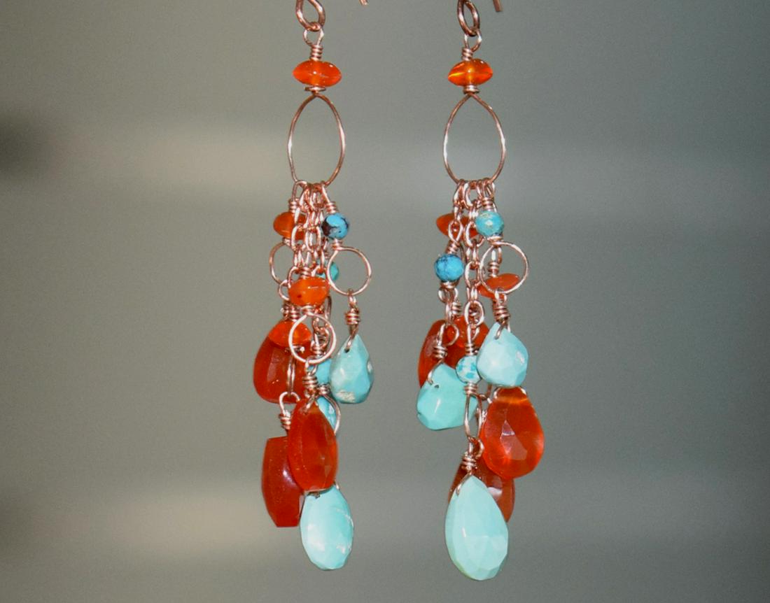 TURQUOISE N CARNELIAN - EARRING 925 SILVER SILVER: These are Natural , earth mined and hand crafted with precision TURQUOISE AND CARNELIAN FACETED PEAR and RONDELLE - EARRING with SOLID 925 Sterling Silver CHAIN and hooks . Total length is 2 1/2" appr