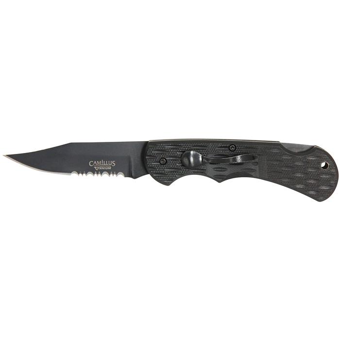 Camillus Lev-R-Lok 6.75in. Carbonitride Titanium Partia: Camillus Lev-R-Lok 6.75in. Carbonitride Titanium Partially Serrat **|**|** 6.75in. Carbonitride Titanium Non-Stick Drop Point Knife with Partial Serration and Lev-R-Lok Blade Launching System2.75in. D