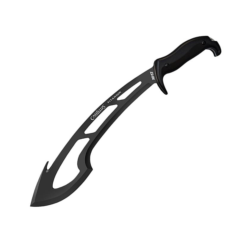 M-13 TM Titanium Machete with Sheath: M-13 TM Titanium Machete with Sheath **|**|** The overall design of the M13 Machete is similar to a Kukri and is top heavy for great impact force. This modern Kukri version has a skeleton design that