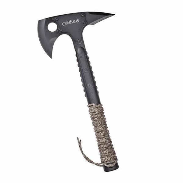 Camillus Sin Tomahawk: Camillus Sin Tomahawk **|**|** Take on the elements with this Camillus Tomahawk with Sheath. This 15in. tomahawk is titanium bonded for strength and features a glass-filled nylon handle wrapped in 18.
