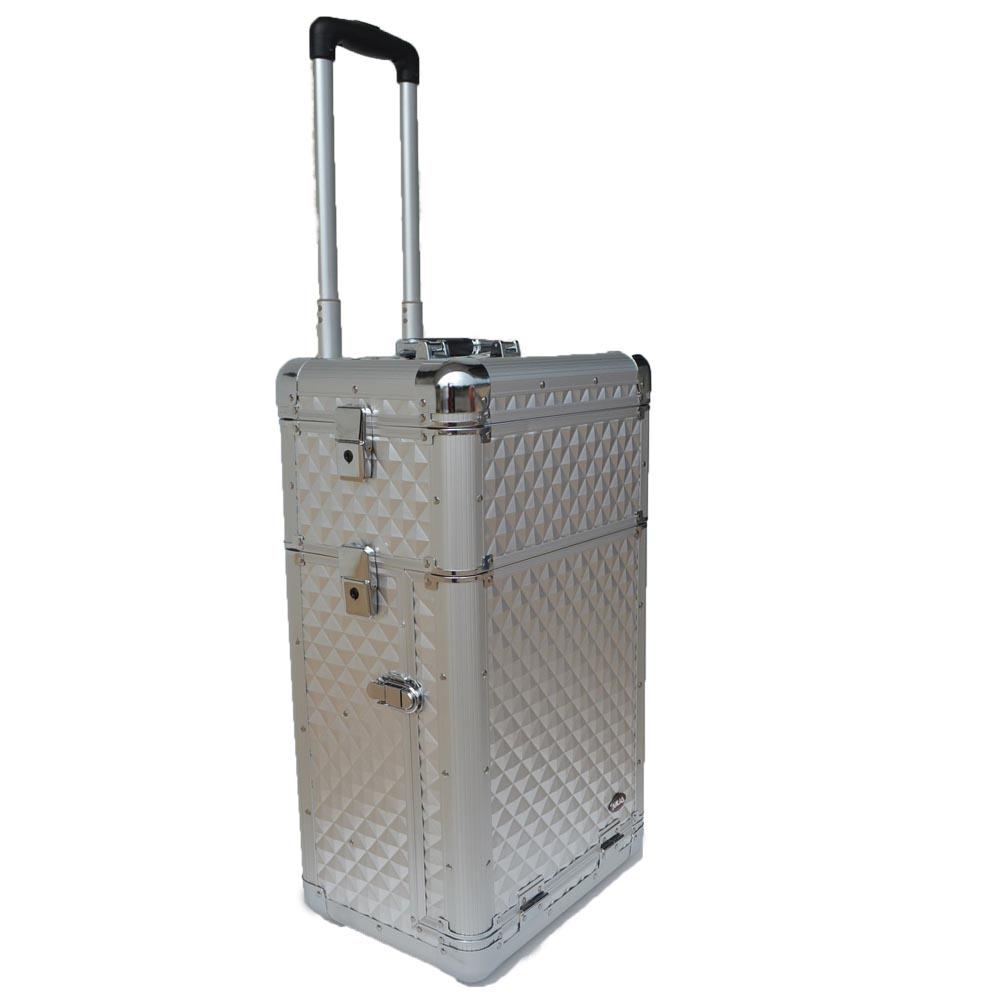 ?ROLLING MAKEUP TRAIN CASE W/ 4 WHEELS AND DIVIDERS: ?ROLLING MAKEUP TRAIN CASE W/ 4 WHEELS AND DIVIDERS **|**|** Made of high quality aluminum construction with reinforced steel corners for extra durablilityOverall case dimension 14in. L x 10in. W x 29