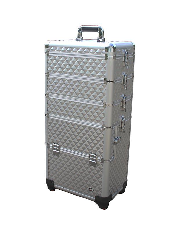 ?ROLLING MAKEUP TRAIN CASE W/ 4 WHEELS AND DIVIDERS: ?ROLLING MAKEUP TRAIN CASE W/ 4 WHEELS AND DIVIDERS **|**|** Overall case dimension 14.5in. L x 9.5in. W x 36.25in. H. Bottom section: 14.5in. L x 9.5in. W x 23in. H Each tray measures: 13.75in. L x 8