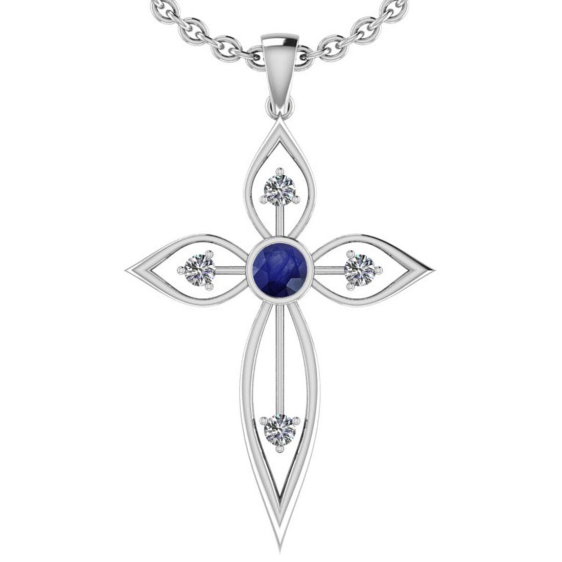 Certified 0.64 Ctw Blue Sapphire And Diamond VS/SI1 18K: Certified 0.64 Ctw Blue Sapphire And Diamond VS/SI1 18K White Gold Cross Pendant **|**|** Color Stone Approx Weight: 0.50 Ctw (1pcs Round) Center Stone Color: Blue Sapphire Center Stone Setting: Bezel