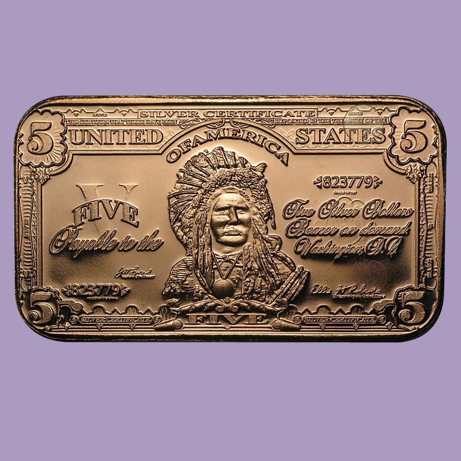 1 oz Copper Bar - $5.00 Indian Chief Banknote: 1 oz Copper Bar - $5.00 Indian Chief Banknote **|**|** 1 oz Copper Bar - $5.00 Indian Chief Banknote #TLJ91676