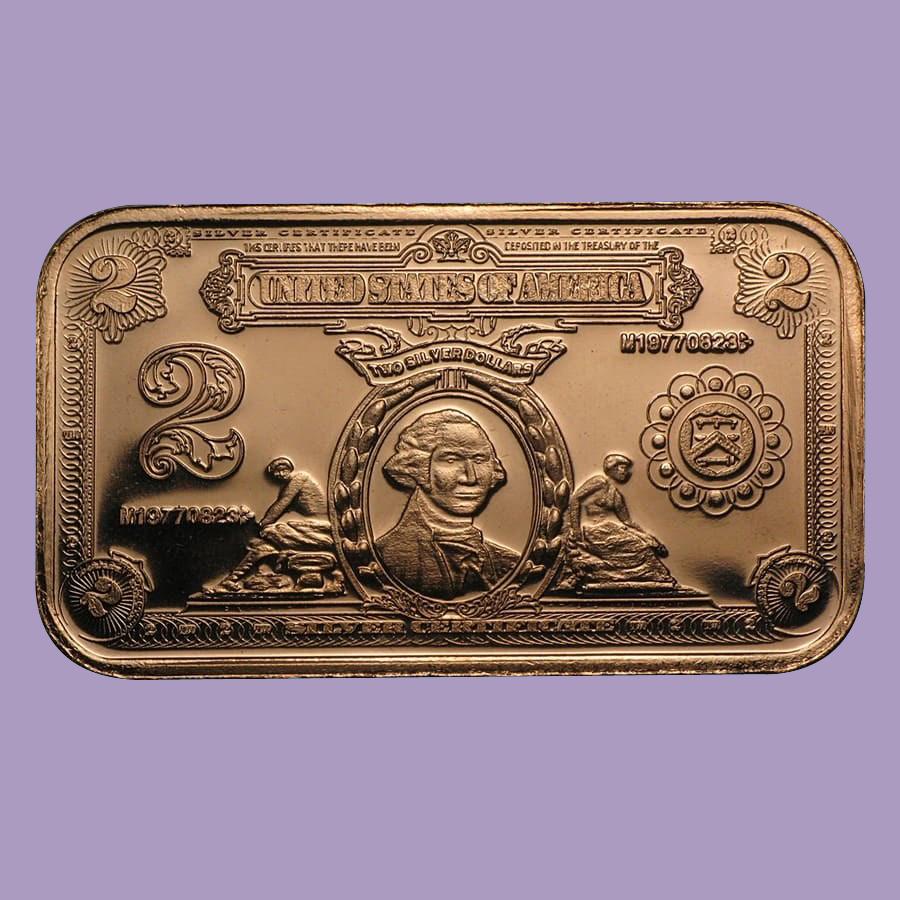 1 oz Copper Bar - $2.00 Washington Silver Certificate: 1 oz Copper Bar - $2.00 Washington Silver Certificate **|**|** 1 oz Copper Bar - $2.00 Washington Silver Certificate #TSD91675