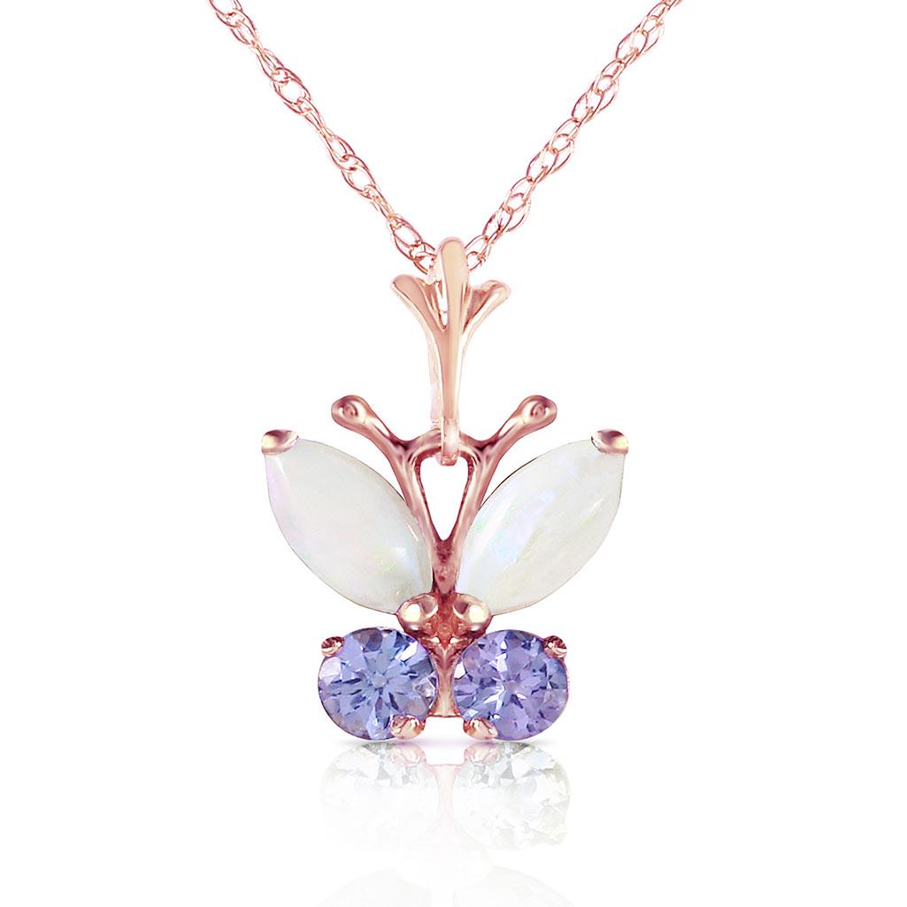 0.7 Carat 14K Solid Rose Gold Butterfly Necklace Opal T: 0.7 Carat 14K Solid Rose Gold Butterfly Necklace Opal Tanzanite **|**|** Tanzanite; Metal Color:Rose Gold; Condition: New With Tags; TWC: 0.7 ;Metal: 14 K. Solid Rose Gold ;Stone: Natural; Width: 0.42