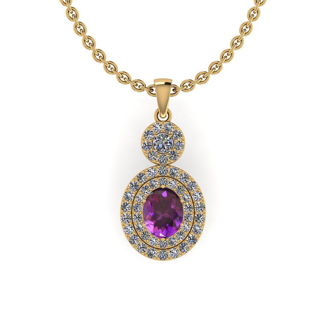 Certified 2.40 Ctw I2/I3 Amethyst And Diamond 10K Yello: Certified 2.40 Ctw I2/I3 Amethyst And Diamond 10K Yellow Gold Necklace -- Center Stone Weight : 2.00 Ctw (Oval Cut) Center Stone Color :-Amethyst Center Stone Setting : Prong Side Stone Weight Of Ctw 