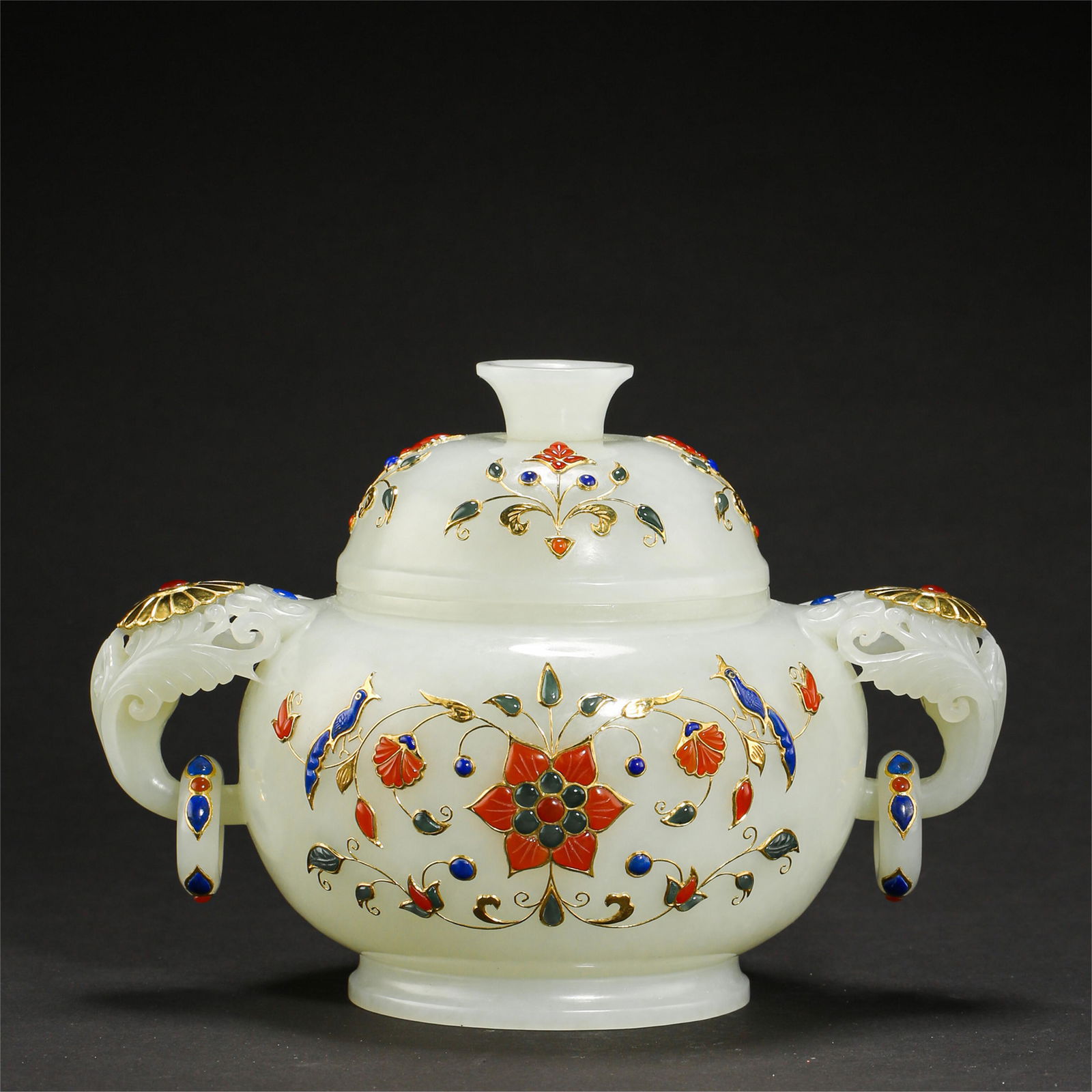 A CHINESE GEM STONE INLAID WHITE JADE LOOP HANDLED (1 of 8)