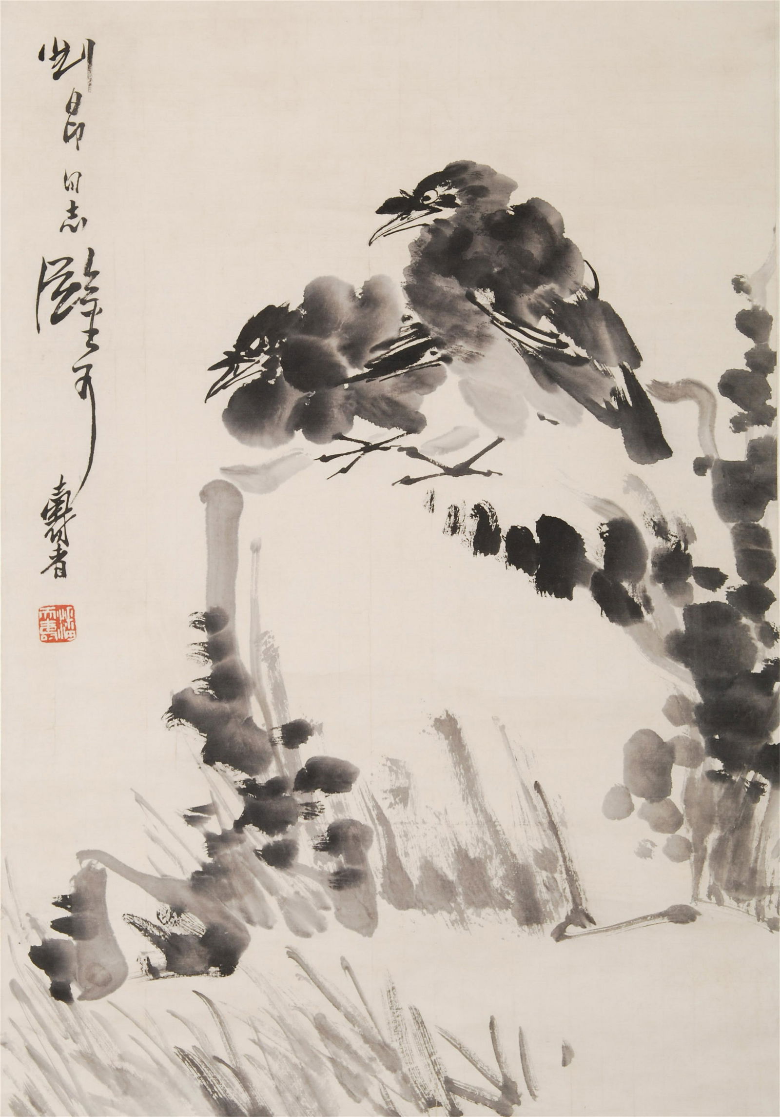 A CHINESE SCROLL PAINTING OF BIRD ON ROCK: A CHINESE SCROLL PAINTING OF BIRD ON ROCK. Image only size 68 cm by 46 cm. Shipping cost $30 to US 48 states and $100 for oversea International delivery. Local pickup at our office available but need