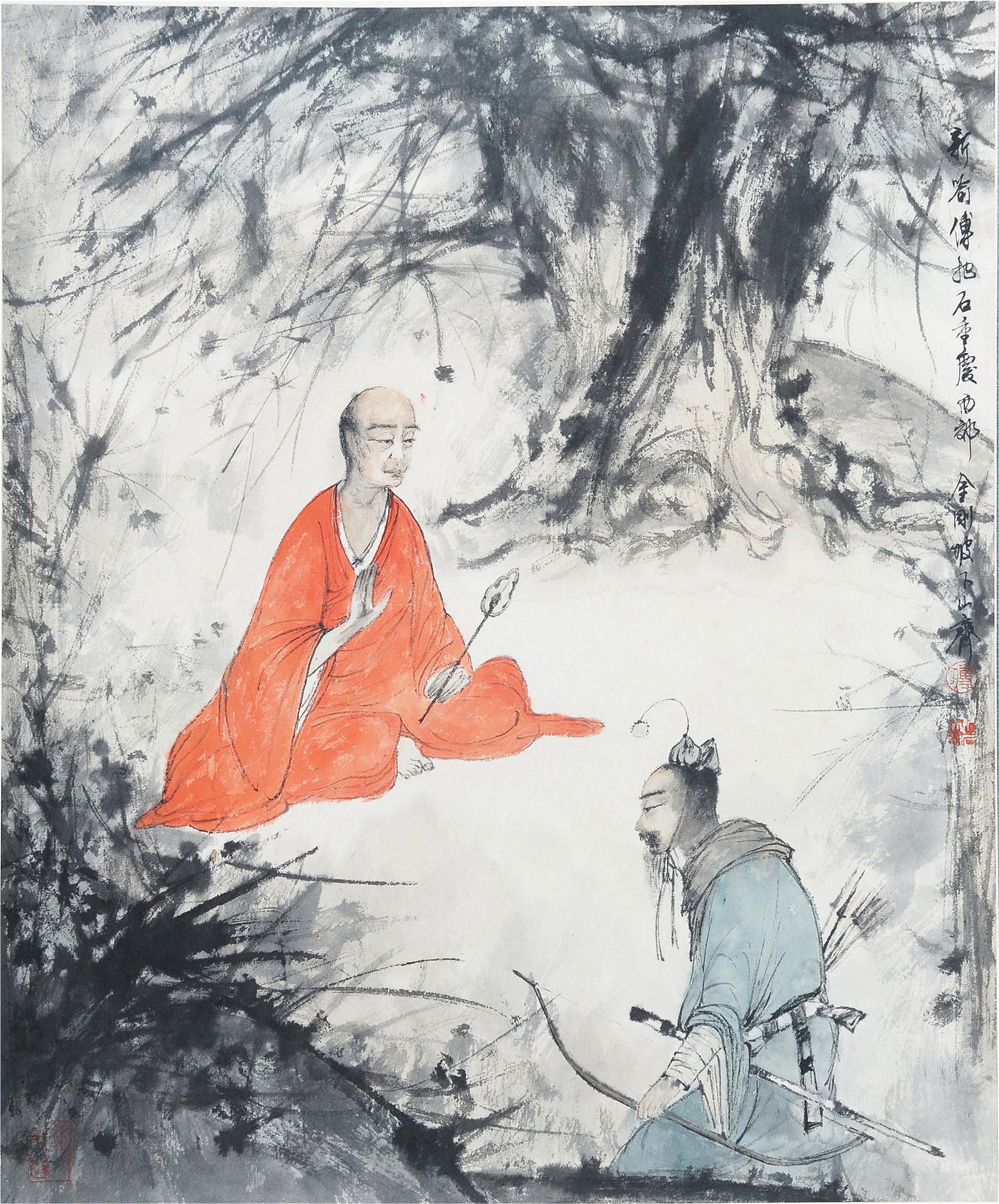 A CHINESE SCROLL PAINTING OF MAN UNDER TREE: A CHINESE SCROLL PAINTING OF MAN UNDER TREE. Image only size 53 cm by 44 cm. Shipping cost $30 to US 48 states and $100 for oversea International delivery. Local pickup at our office available but nee