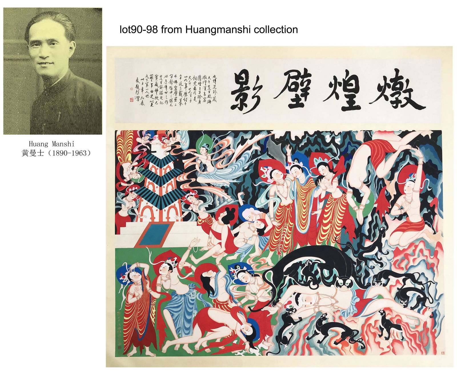 CHINESE SCROLL PAINTING OF FLYING BEAUTIES AND (1 of 8)