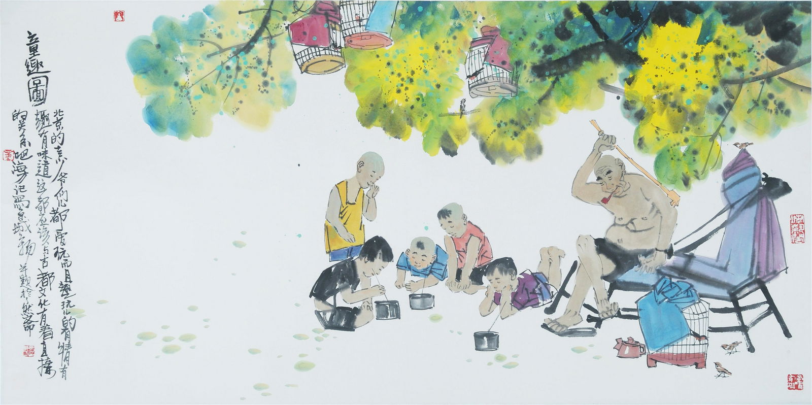 CHINESE SCROLL PAINTING OF PEOPLE UNDER TREE BY MA: CHINESE SCROLL PAINTING OF PEOPLE UNDER TREE BY MA HAIFANG. Image only size 68 cm by 136 cm. Shipping cost $30 to US 48 states and $100 for oversea International delivery. Local pickup at our office a