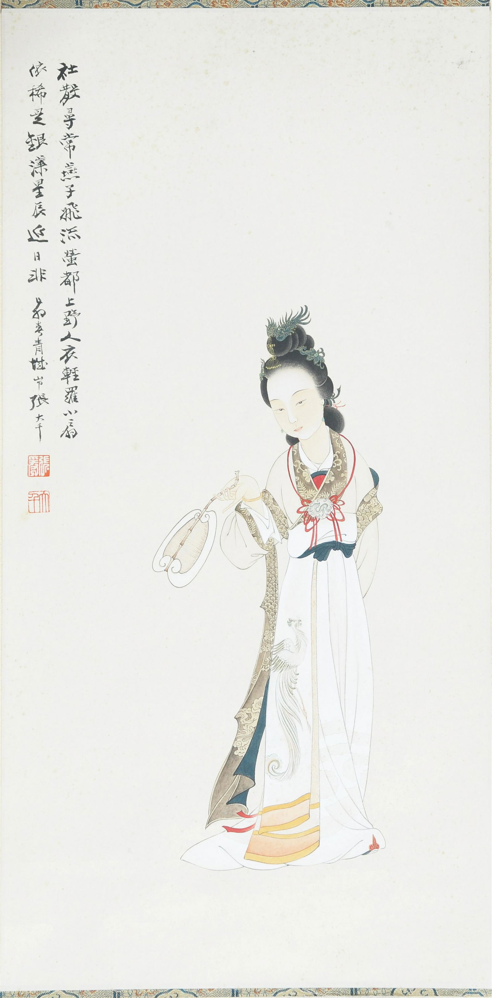 CHINESE SCROLL PAINTING OF BEAUTY BY ZHANG DAQIAN: CHINESE SCROLL PAINTING OF BEAUTY BY ZHANG DAQIAN. Image only size 63 cm by 31 cm. Shipping cost $30 to US 48 states and $100 for oversea International delivery. Local pickup at our office available b