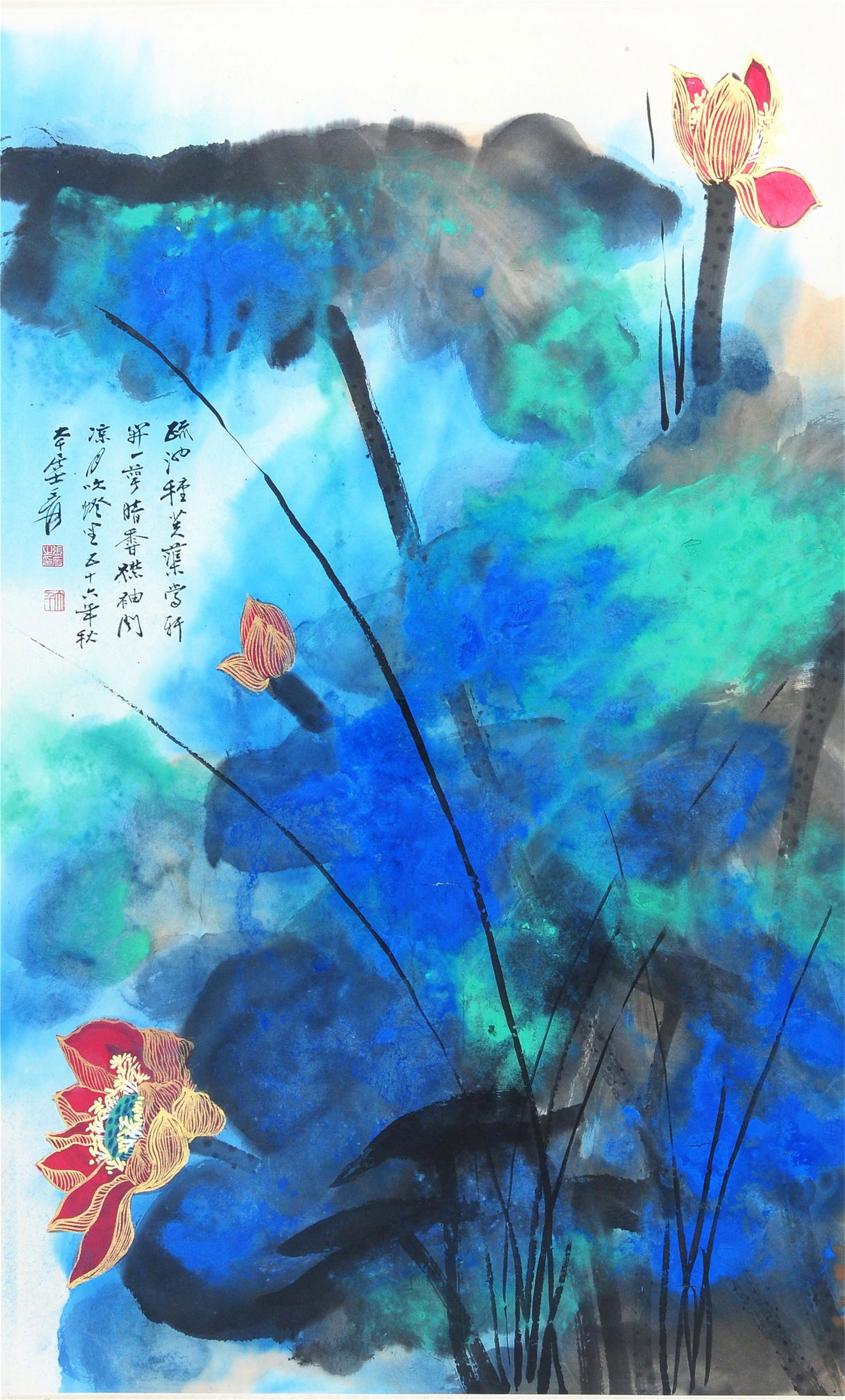 CHINESE SCROLL PAINTING OF LOTUS BY ZHANG DAQIAN: CHINESE SCROLL PAINTING OF LOTUS BY ZHANG DAQIAN. Image only size 95 cm by 57 cm. Shipping cost $30 to US 48 states and $100 for oversea International delivery. Local pickup at our office available bu