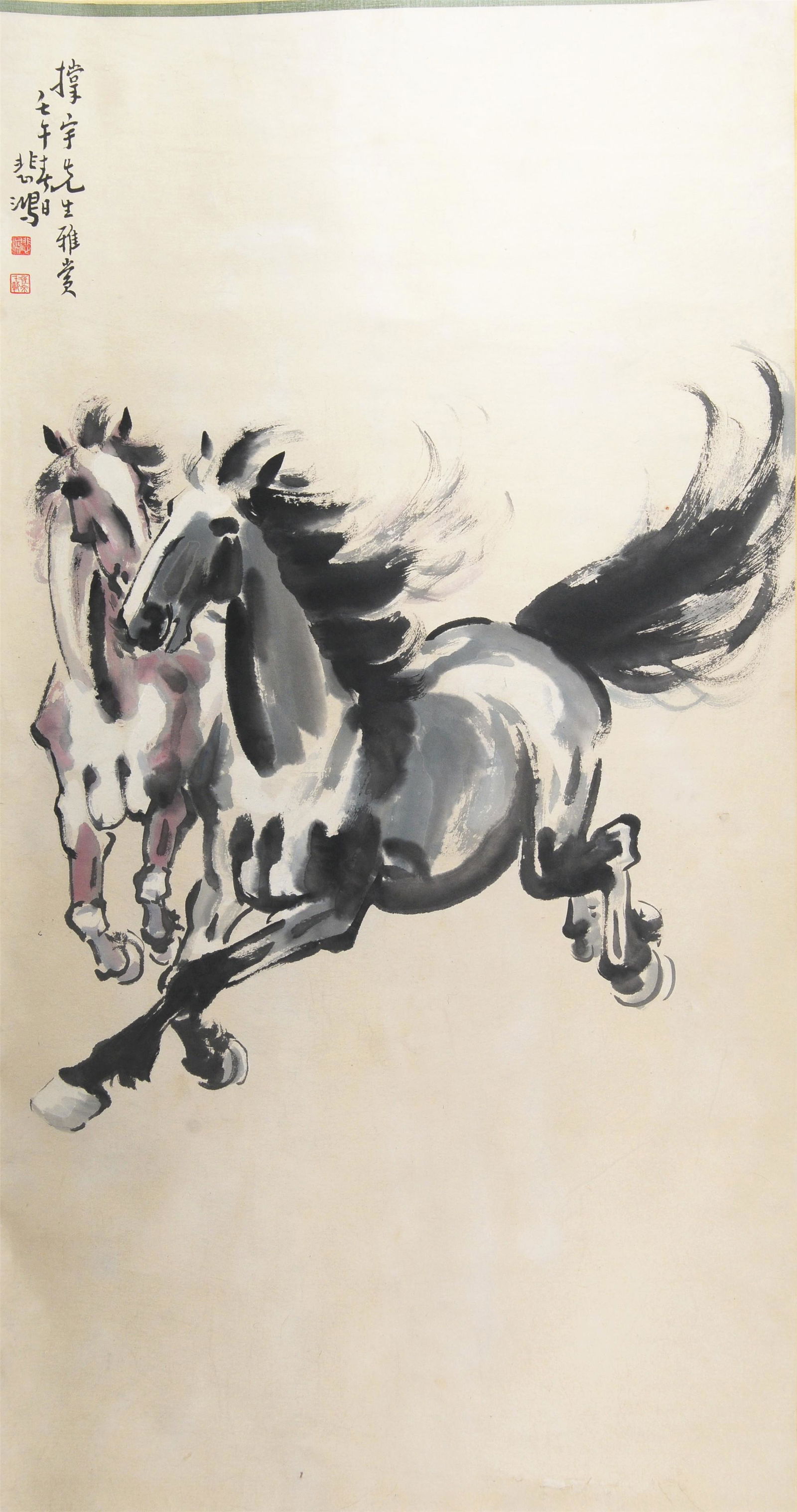 CHINESE SCROLL PAINTING OF HORSE SIGNED BY XU BEIHONG: CHINESE SCROLL PAINTING OF HORSE SIGNED BY XU BEIHONG. Image only size 94 cm by 175 cm. Shipping cost $30 to US 48 states and $100 for oversea International delivery. Local pickup at our office availa
