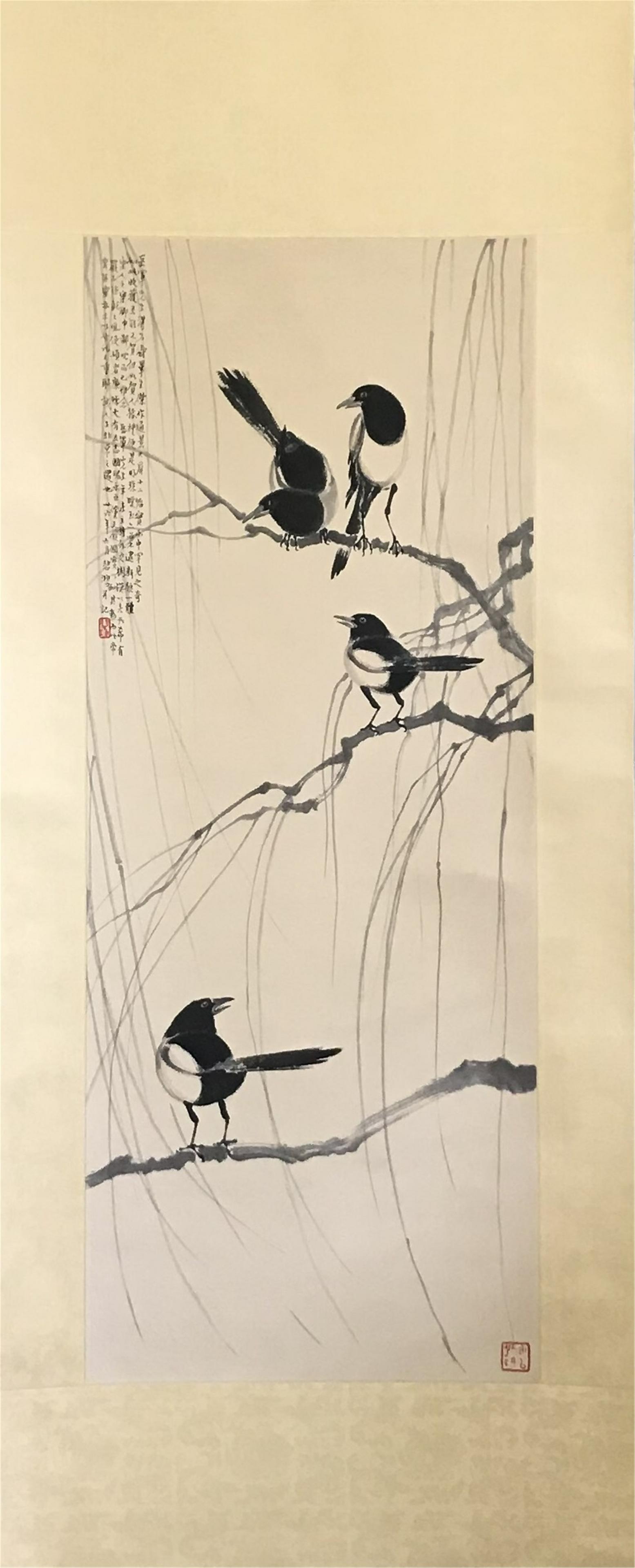 CHINESE SCROLL PAINTING OF BIRD ON WILLOW SIGNED BY XU (1 of 6)
